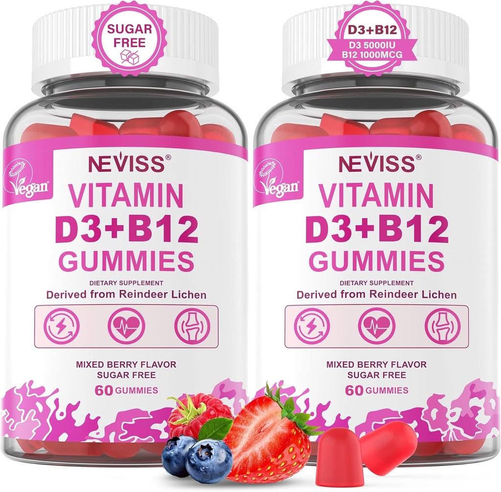 NEVISS 2Pack Vegan D3 + Vitamin B12 Gummies, High Potency D3 5000IU & 1000 mcg Me12, Vitamin D3 ve B12 Yetişkinler, Destek Bone Health, Immune & Energy Supplement, 120 Count