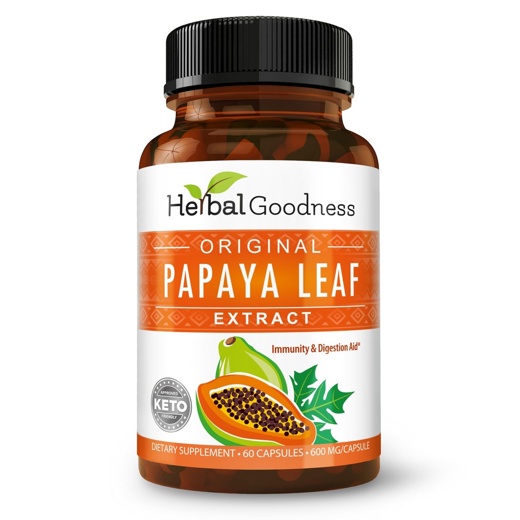 Papaya Leaf Extract Digestive Enzymes - 10X Güçlü 60/600 mg Veg Capsules- Blood Platelet, Bone Marrow & Spleen Support, Immune Gut & Super Digestive Health - Made in USA by Herbal Goodness