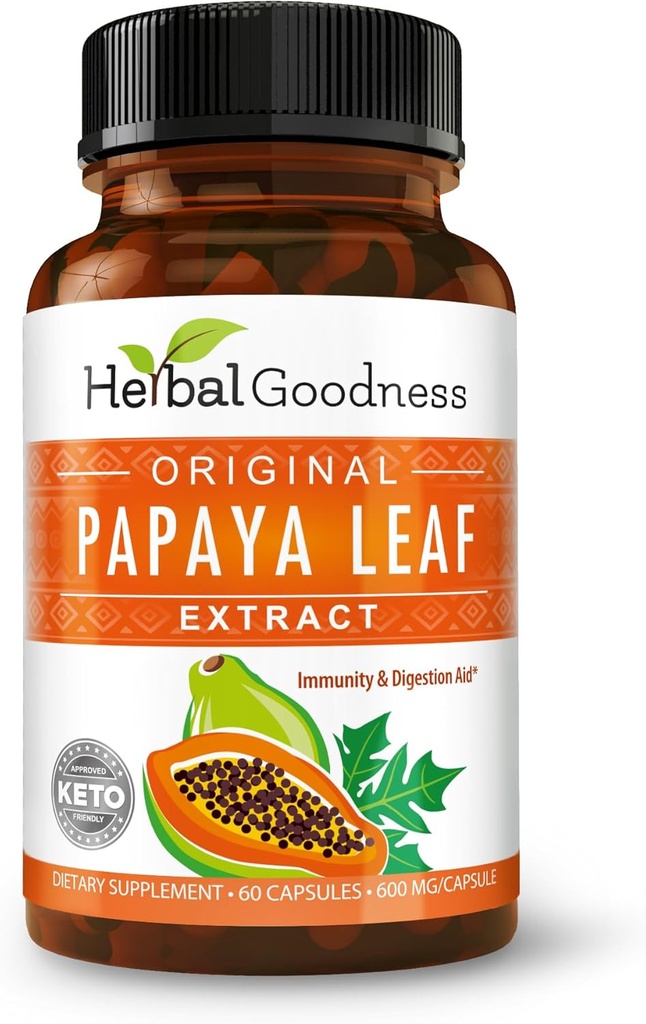 Papaya Leaf Extract Digestive Enzymes - 10X Güçlü 60/600 mg Veg Capsules- Blood Platelet, Bone Marrow & Spleen Support, Immune Gut & Super Digestive Health - Made in USA by Herbal Goodness