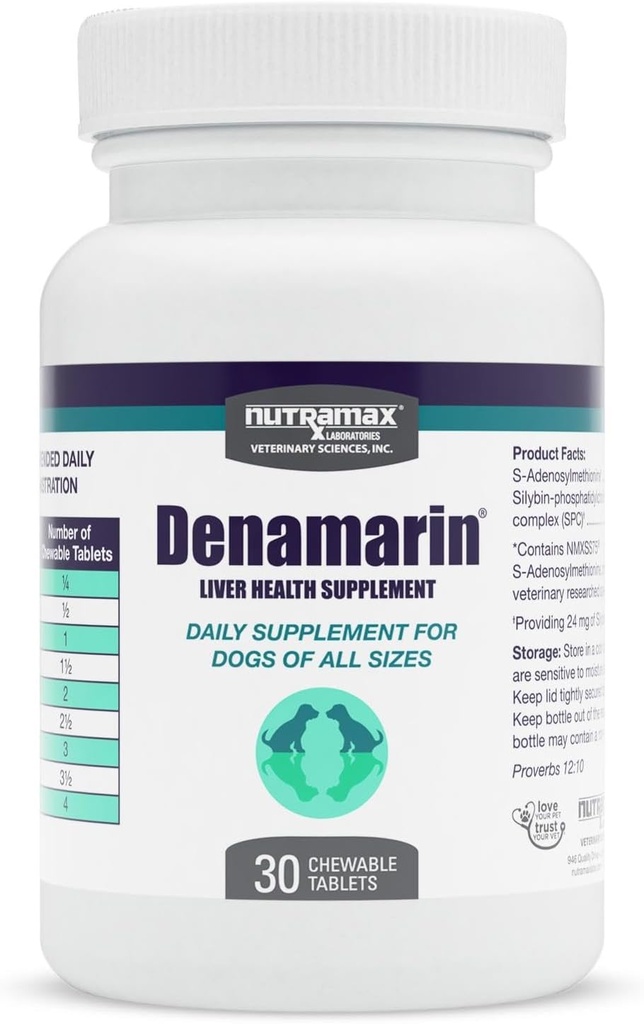 Nutramax Denamarin συμπλήρωμα υγείας του ήπατος για σκύλους, με S- Adenosylmethionine (SAMe) και Silybin, 30 Μασώμενα δισκία