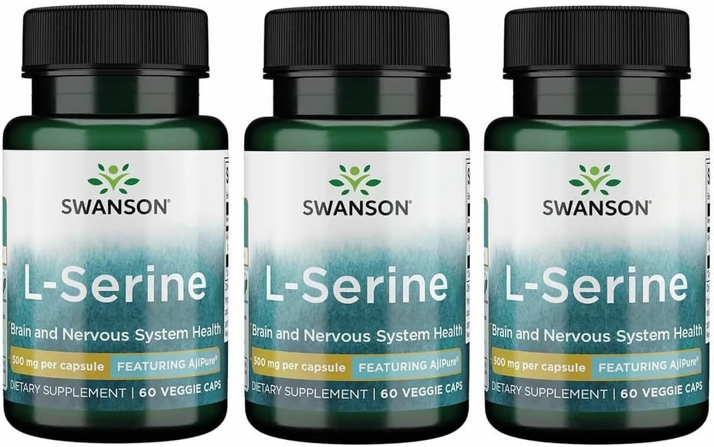 Swanson Ajipure L-Serine - Amino Acid Supplement Supporting Brain Health & Nervous System Function - Natural Formula Promoting Cognitive Function - (60 Veggie Capsules, 500mg Each) (3 Pack)