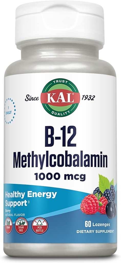 KAL B-12 Mecobalamin Lozenges 1000 Live Energy, Metabolism, Nerve & Red Blood Hücre Desteği, * Optimal Aborpsiyon, Natural Berry Flavor, Vegan, Sugar Free, 60 Hizmet, 60 Lozenges