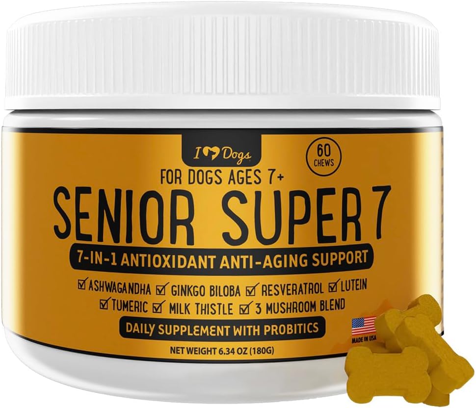 IHeartDogs Senior Super 7 Daily Dog Multivitamin - Köpekler için 7in-1 Vitamini Anti-Aging with Antioksis, Probiyotiks, Lion's Mane, Türkiye Tail, & Ashwagandha for Longevity & Cognitive Boost
