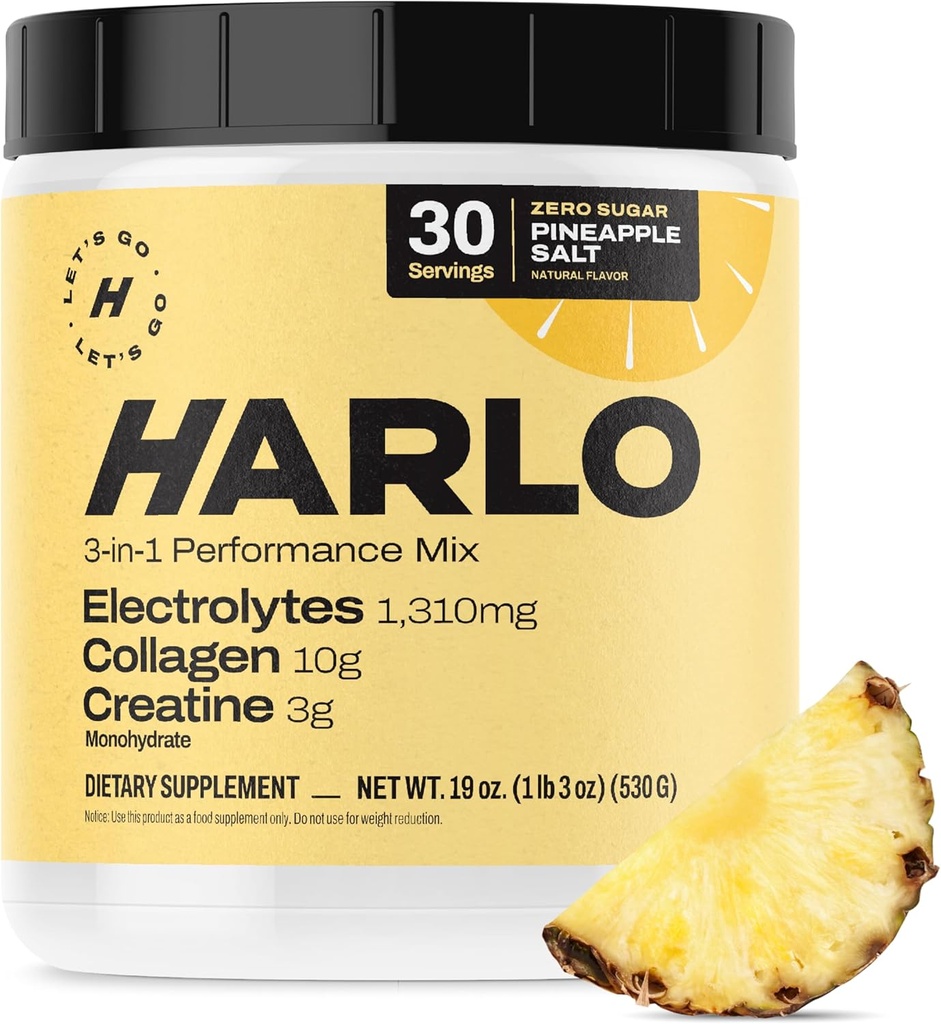 Harlo - Collagen & Creatine Electrolyte Drink Mix – Pineapple Salt Flavor – Hydrating Pre & Post Workout Powder – Supports Skin, Joints & Muscle Recovery – Sugar-Free Energy Boost