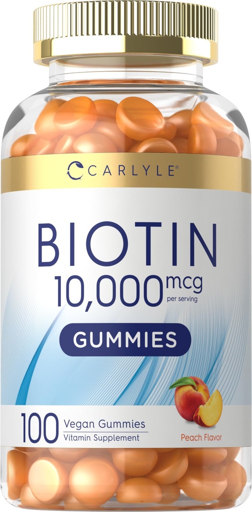 Carlyle Biotin 1000063 Gummies | 100 Count | Peach Flavor Supplement | Vegan, Non-GMO, Gluten Free