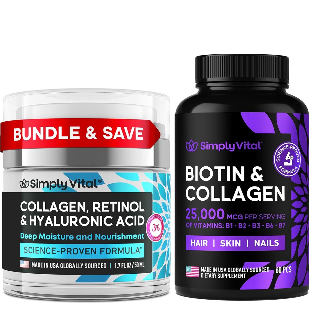 BasitçeVital Biotin, Collagen & Retinol Sche – 500006 Biotin for Hair, Skin & Nails + Anti-Aging Retinol & Hyaluronic Acid Cream for Face, Neck & Décolleté - Made in USA