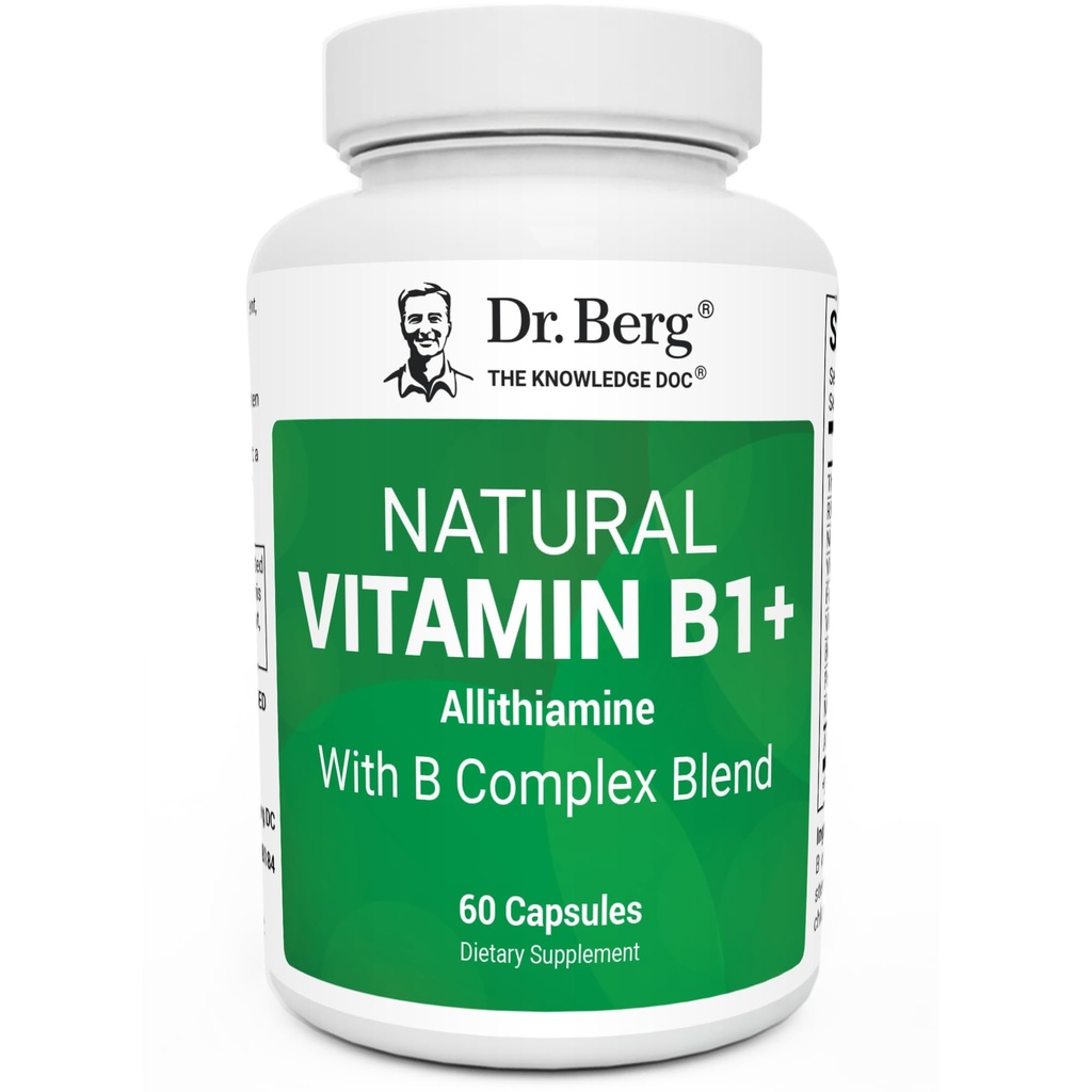 Dr. Berg Natural Vitamin B1 B6 B12 Kompleks - Allithiamin Vitamin B1 Supplement with 8 Essential B Complex for Men & Women Including Thiamin, Niacin, Folate, ve Magnezyum & 60 Capsules