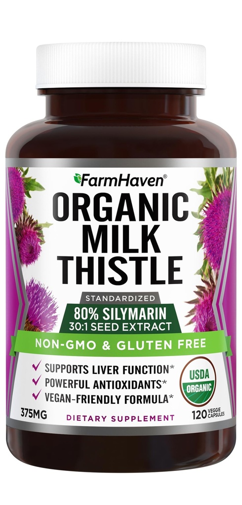 Farm Haven USDA Organik Süt Butle Capsules |30X Yoğun Tohum Ekstraksiyon &% 80 Silymarin Standardized - Supports Liver Function and General Health | Non-GMO | 120 Veggie Capsules