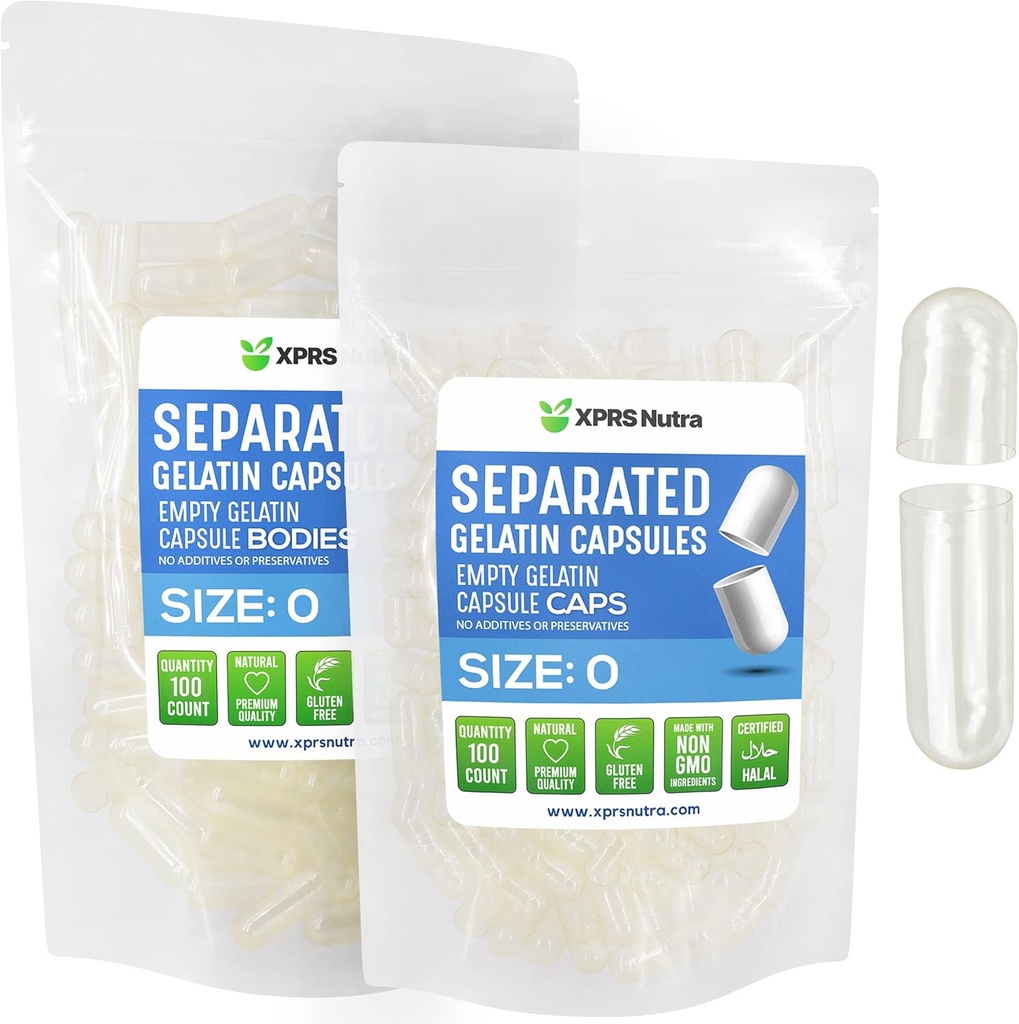 XPRS Nutra Gelatin Boyut 0 Ayrılı Kapsüller - 100 Kont Clear Boş Kapsüller Çantada Ayrıldı - Boyut 0 Gelatin Pills - Clear Gel Caps for DIY Supplement