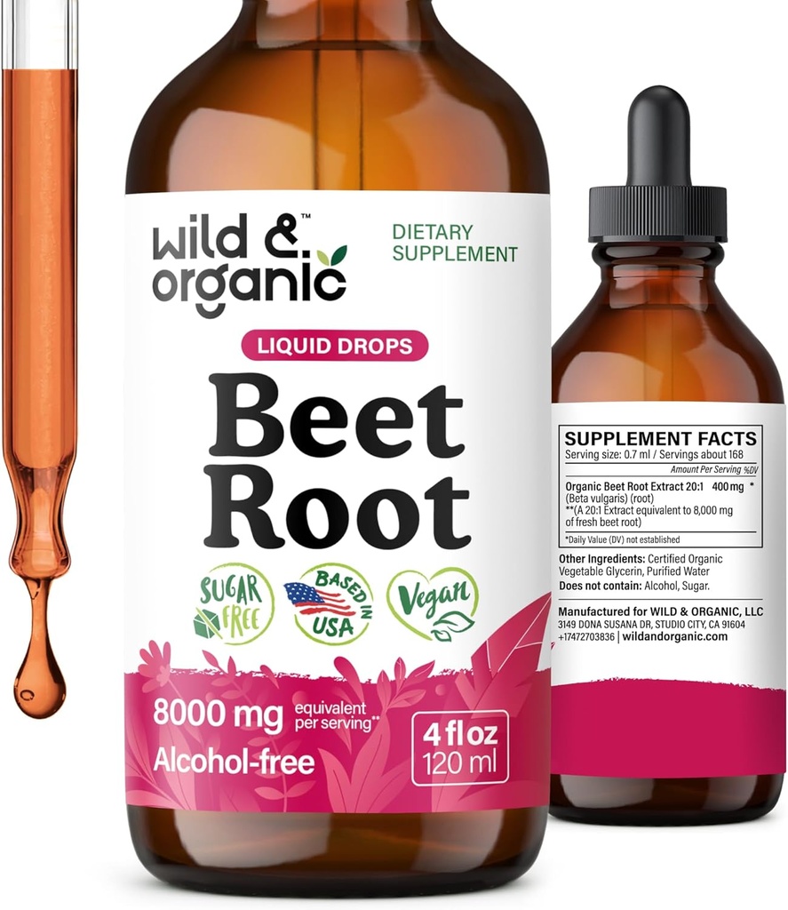 Vahşi & Organik Arıt Kökleri Geri Döndürme - 8000 mg Fresh Beetroot Türet Eşdeğer - 20:1 - Sıvı Red Beets Supplements - 400 mg per Service - Vegan, Alkol & Sugar-Free - 4 f ozzz