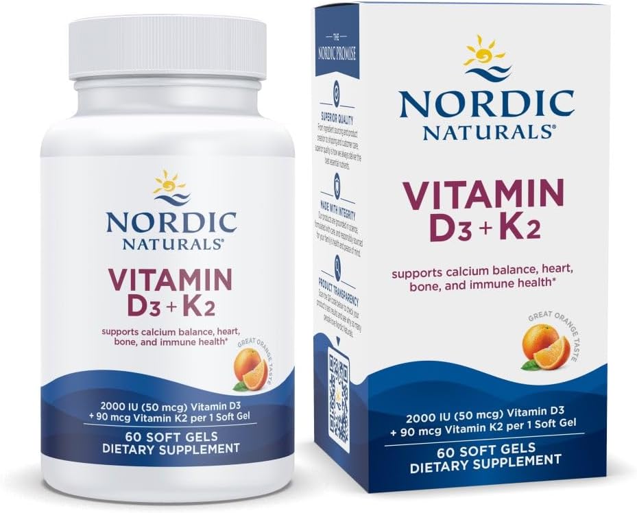 Nordic Naturals Vitamin D3 + K2, Orange Taste - 60 Soft Gels - Bones için enerjik destek, Immune Function &dis Balance - Non-GMO - 60 Hizmetler