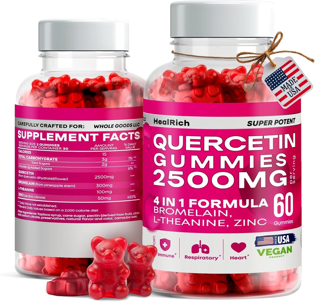 Quercetin Gummies - Bromelain ile 2500MG, L-Theanine & çinko Vegan Immune Support Supplement for Kids & Yetişkinler - Antivirüs