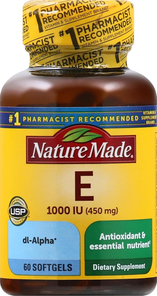 Nature Made Vitamin E 450 mg (1000 IU) dl- Alpha Softgels, 60 Count for Antioxidant Support (Packaging May Vary)