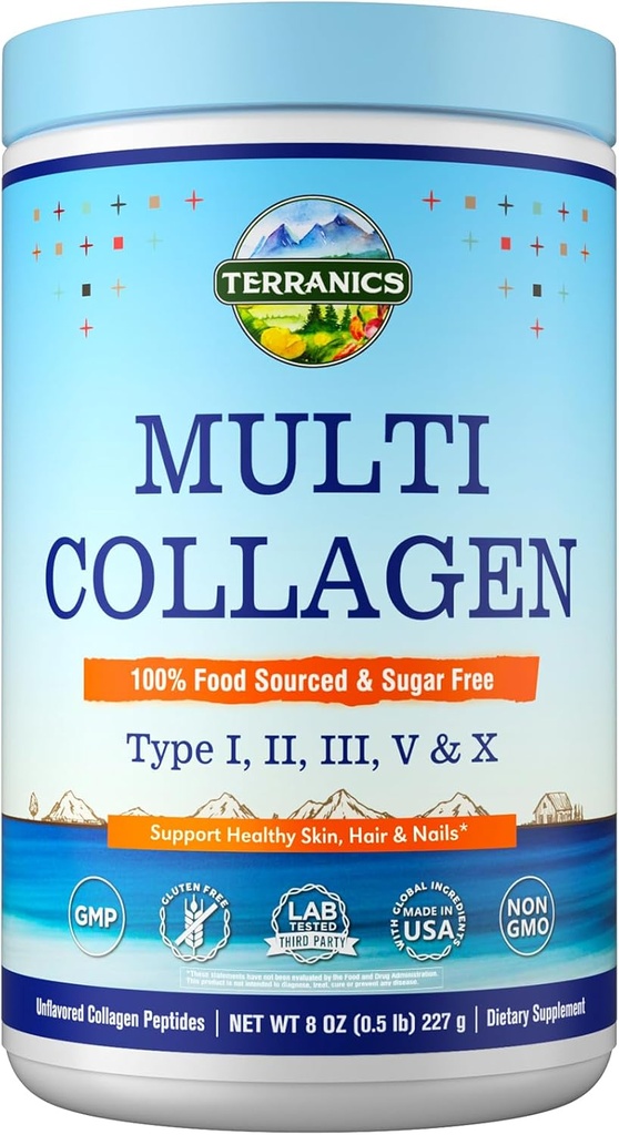 Terranics Multi Collagen, Toz, Tip I II III V X Collagen for Women & Men, Collagen Supplements for Skin, Nail, Hair, Easy to Dissolve, Unflavored, No Sugar, Chem, 8oz