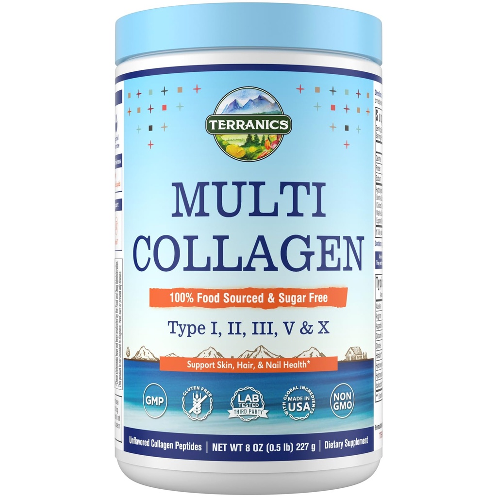 Terranics Multi Collagen, Toz, Tip I II III V X Collagen for Women & Men, Collagen Supplements for Skin, Nail, Hair, Easy to Dissolve, Unflavored, No Sugar, Chem, 8oz