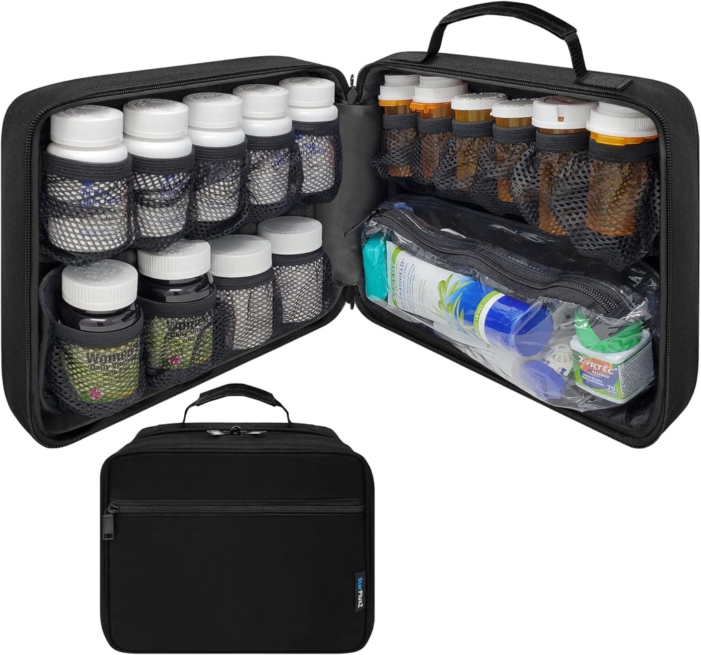 Büyük Padded modüler Pill Şişe Organizer, Tıp Bag, İlaçlar, Vitaminler ve Tıbbi Malzemeler - Ev Depolama ve Seyahat için - Black (Without Lock)