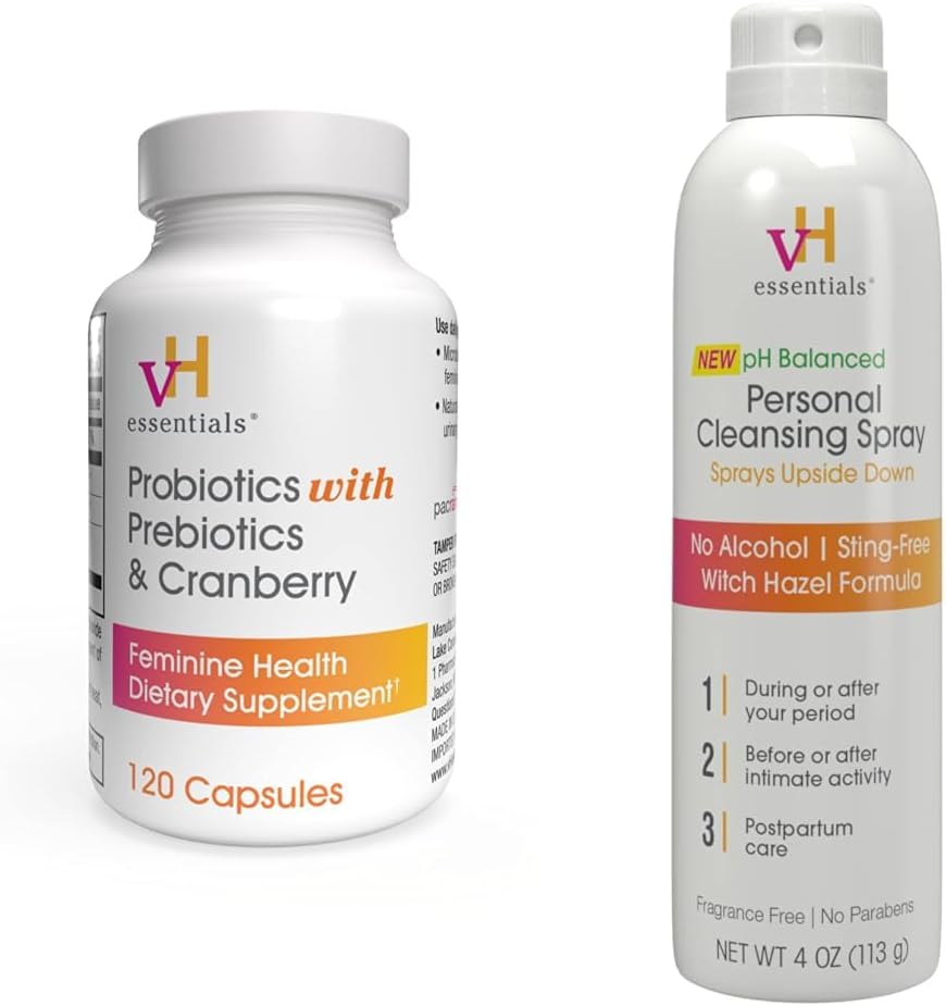 vH esass Probiyotiks with Prebiyotiks and Cranberry Feminine Health Supplement - 120 Capsules and Personal Cleansing Mix