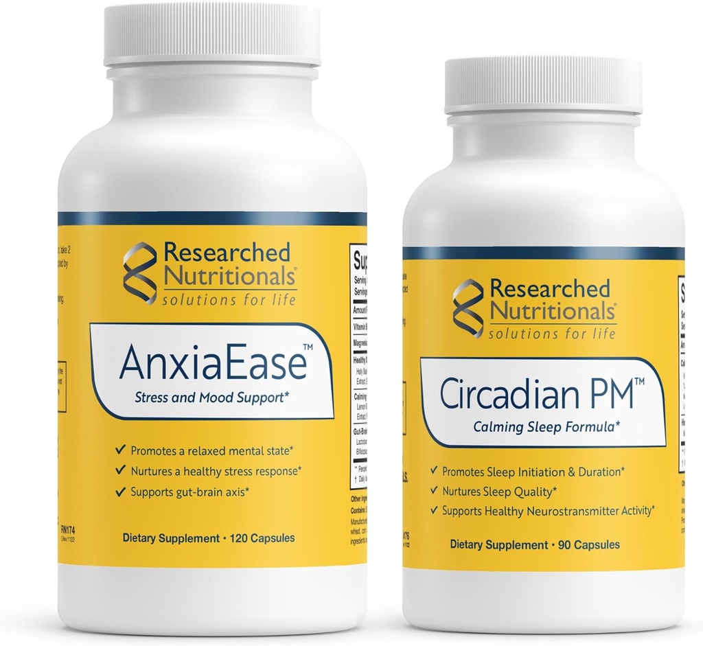 Araştırmalı Beslenme Destek Paketi - AnxiaEase Stres, Cortisol Yönetimi & Mood Support Supplement (120 Capsules) & Circadian PM for Peaceful Nights (90 Capsules)