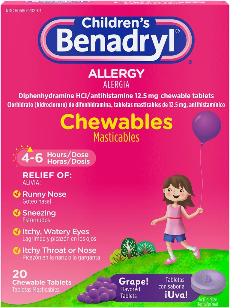 Benadryl Çocuk Alerji Tıpı Diphenhydramine HCl ile Çekilebilir, Aşılı Çocuk Antihistamin Tabletleri Sneezing & Itchy Eyes, Grape Flavor, 20 ctt