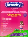 Benadryl Çocuk Alerji Tıpı Diphenhydramine HCl ile Çekilebilir, Aşılı Çocuk Antihistamin Tabletleri Sneezing & Itchy Eyes, Grape Flavor, 20 ctt
