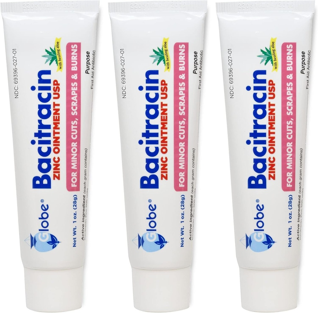 Globe (3 Pack) Bacitracin çinko Ointment + Aloe 1oz - Yararlı iyileşme için maksimum Güçlü Antibiyotik - Cuts, Burns, Yararlı Çözüm - Cilt Enfeksiyon & İlk Yardım Essentials