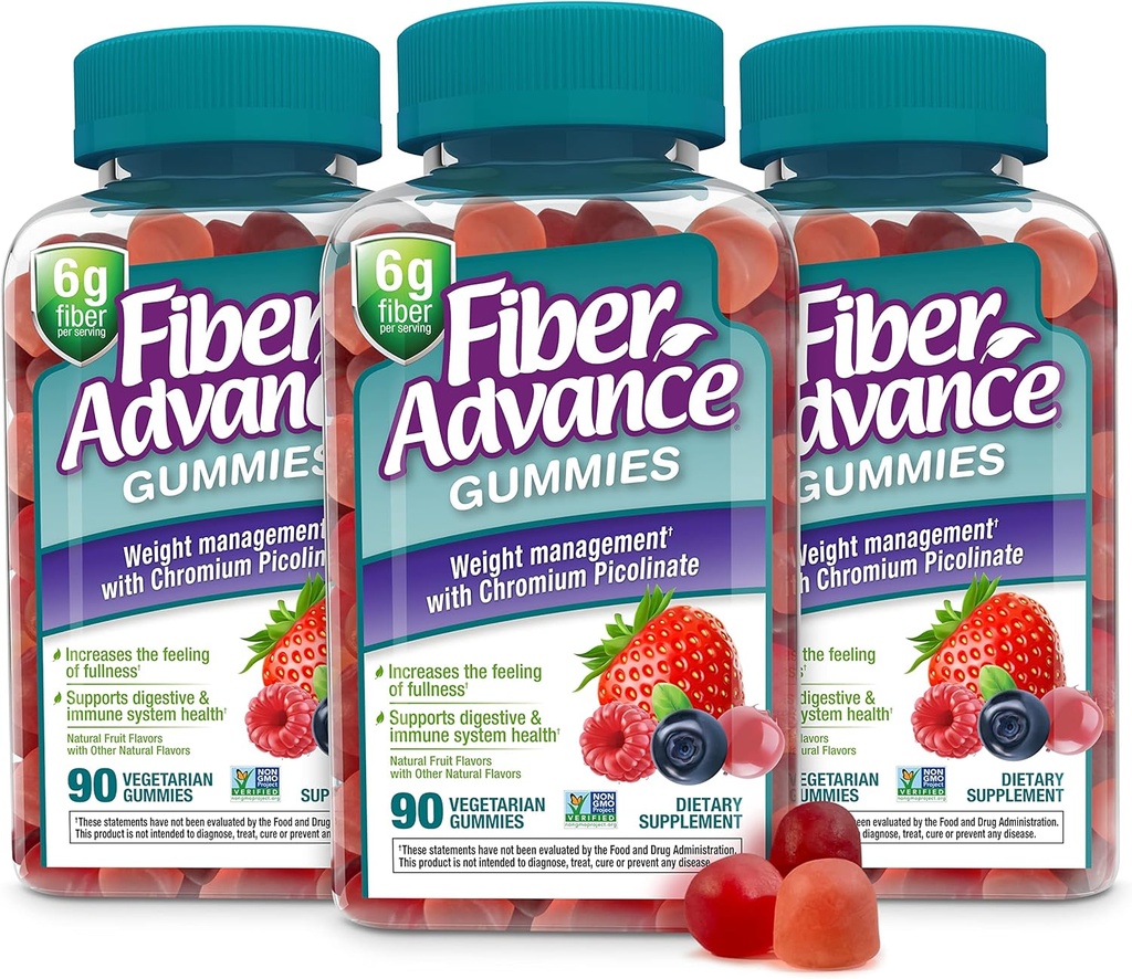 Fiber Advance Kilo Yönetimi Gummies | 100% Plant Based Fiber for Digestive Wellness and Gut Health | Chromium Picolinate for Kilo Management Support (3-Pack)