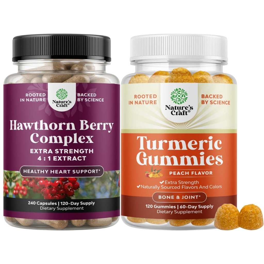 Ekstra Kuvvetli Hawthorn Berry Capsules - Digestion and Heart Health Supplement and Turmeric Gummies for Yetişkinler Peach Flavor - Ekstra Güçlü Ortak Destek Gummies