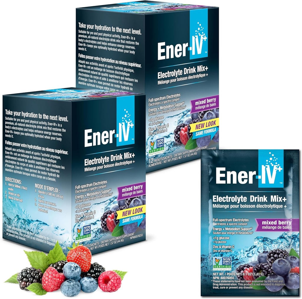 Ener-IV Electrolyte Drink Mix - Electrolytes Toz Paketleri, Hydration Toz İç, Hydrate Liquid Mix, Low Sugar Rehidr for Women & Men - Karma Berry, 24 Count Count Count