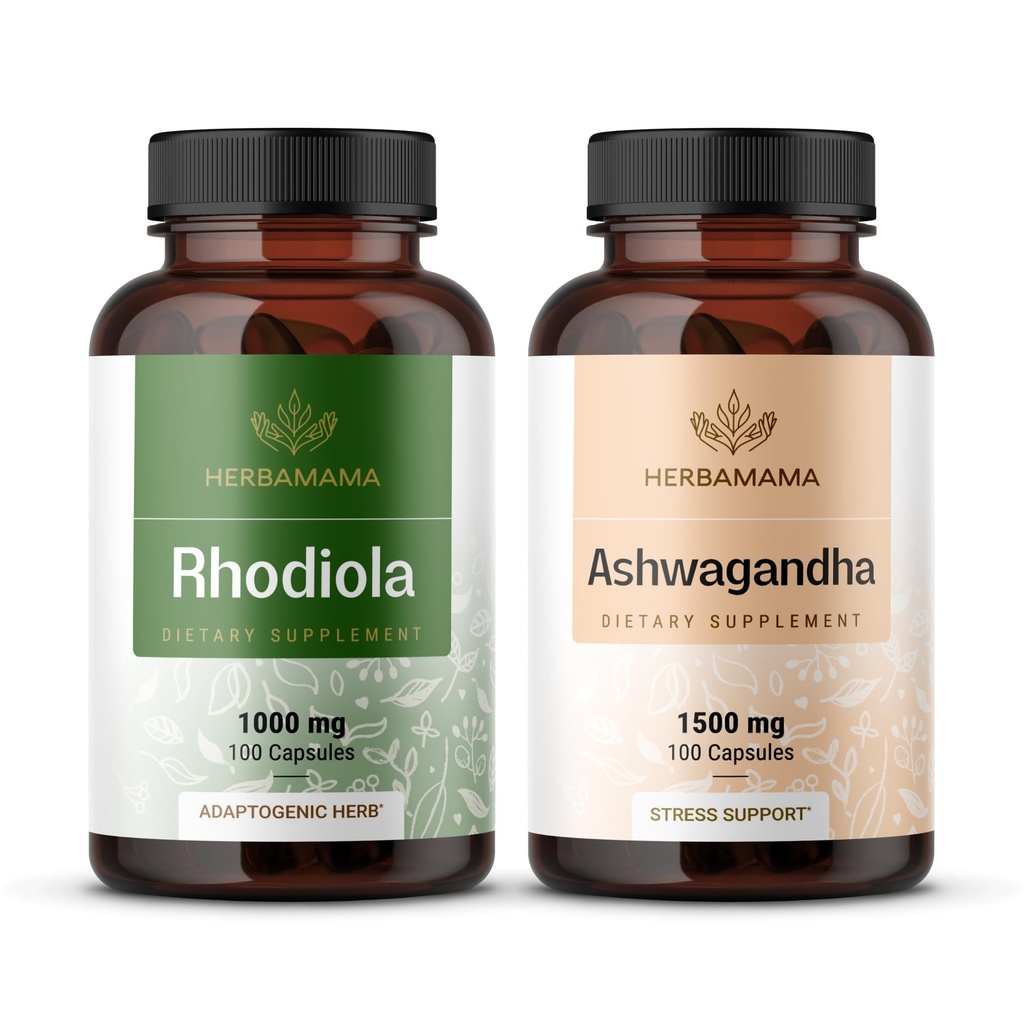 HERBAMAMA Rhodiola Rosea ve Ashwagandha Kit - 1000 mg Rhodiola Rosea Capsules &1500 mg Ashwagandha Root Capsules - Vegan, Non-GMO, Gelatin-Free - 2 Pack