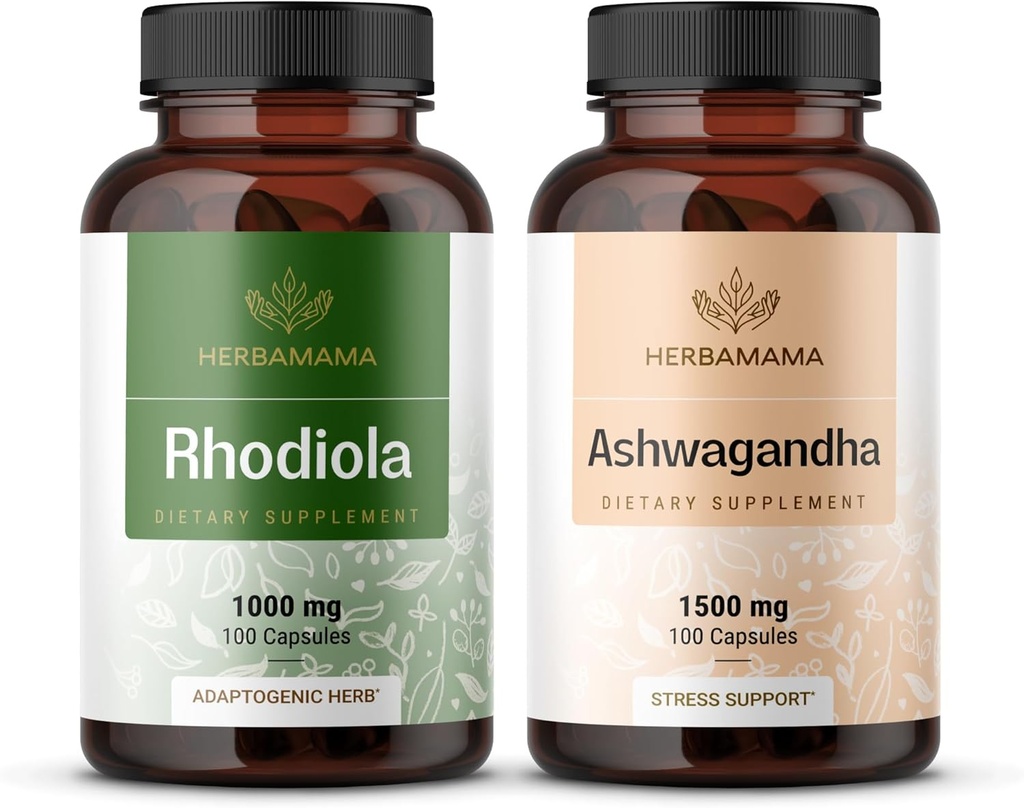 HERBAMAMA Rhodiola Rosea ve Ashwagandha Kit - 1000 mg Rhodiola Rosea Capsules &1500 mg Ashwagandha Root Capsules - Vegan, Non-GMO, Gelatin-Free - 2 Pack