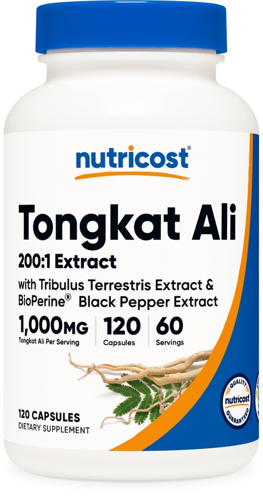 Nutricost Tongkat Ali 1,000mg 120 Capsules - with Tribulus Terrestris and BioPerine, Vegetarian Caps, Non-GMO, Gluten Free, Potent Extract
