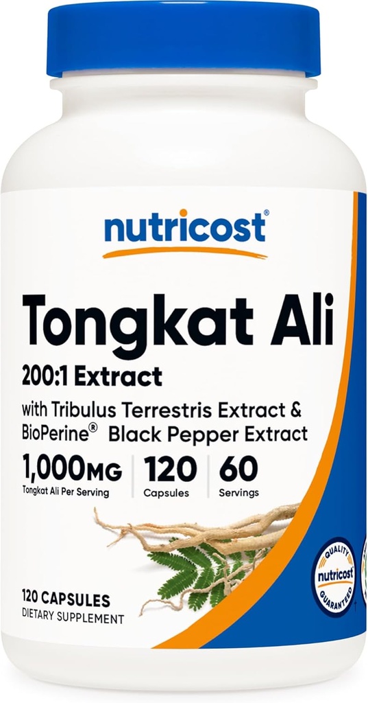 Nutricost Tongkat Ali 1.000 mg 120 Capsules - Tribulus Terrestris ve BioPerine, Vejetaryen Caps, Non-GMO, Gluten Free, Potent Ekstraksiyon