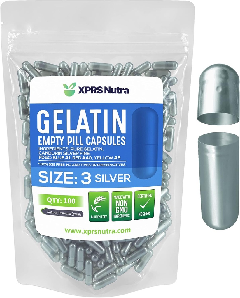 XPRS Nutra Boyutu 3 Boş Kapsüller - 100 Kont Boş Gelatin Capsules - Pills DIY Capsule - Pure Bovine Pill Gel Caps For Do-It- Yourself Supplements (Silver)