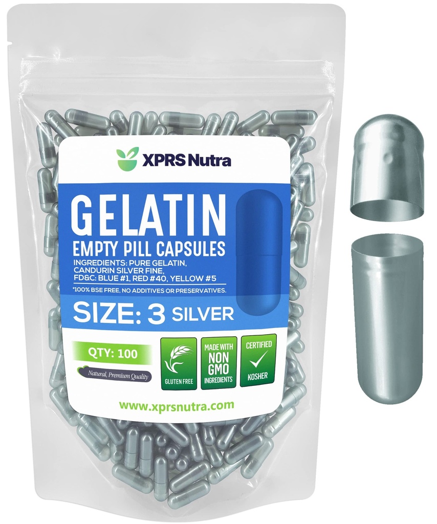 XPRS Nutra Boyutu 3 Boş Kapsüller - 100 Kont Boş Gelatin Capsules - Pills DIY Capsule - Pure Bovine Pill Gel Caps For Do-It- Yourself Supplements (Silver)