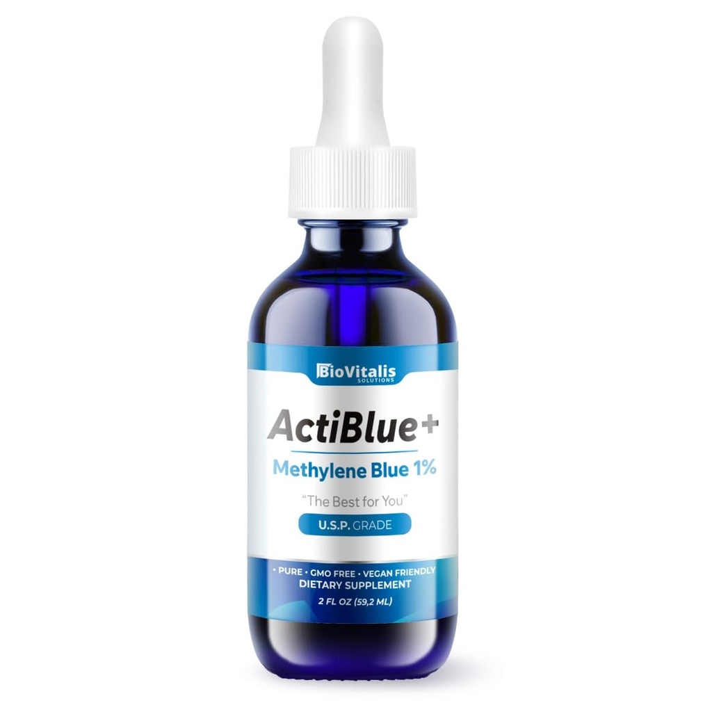 Actiblue+ Methylene Blue 1% : Methylene Blue ISO Certified Third Party Lab Tested 99,9% No Formalde No Alcohol No Gluten&GMO(2Fl. Οζ)