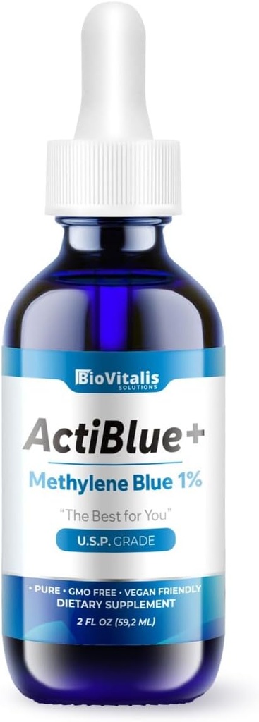 Actiblue+ Methylene Blue 1% : Methylene Blue ISO Certified Third Party Lab Tested 99,9% No Formalde No Alcohol No Gluten&GMO(2Fl. Οζ)