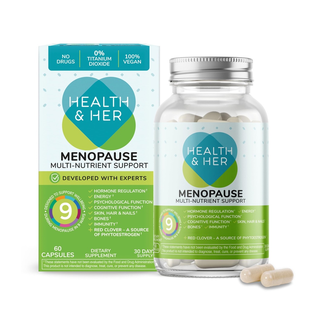 Health & Her Εμμηνόπαυση Συμπληρώματα για τις γυναίκες - Multi-Nutrient Υποστήριξη, Εμμηνόπαυση Βιταμίνες για την ενέργεια, οστά, μύες, δέρμα & μαλλιά, Vegan, χωρίς γλουτένη, μη ΓΤΟ (60ct - 1 μήνας)