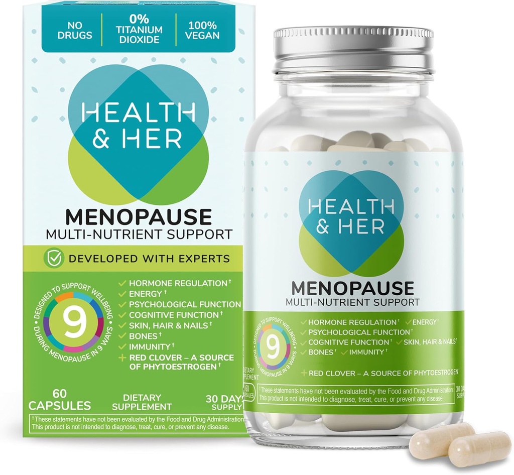 Health & Her Εμμηνόπαυση Συμπληρώματα για τις γυναίκες - Multi-Nutrient Υποστήριξη, Εμμηνόπαυση Βιταμίνες για την ενέργεια, οστά, μύες, δέρμα & μαλλιά, Vegan, χωρίς γλουτένη, μη ΓΤΟ (60ct - 1 μήνας)