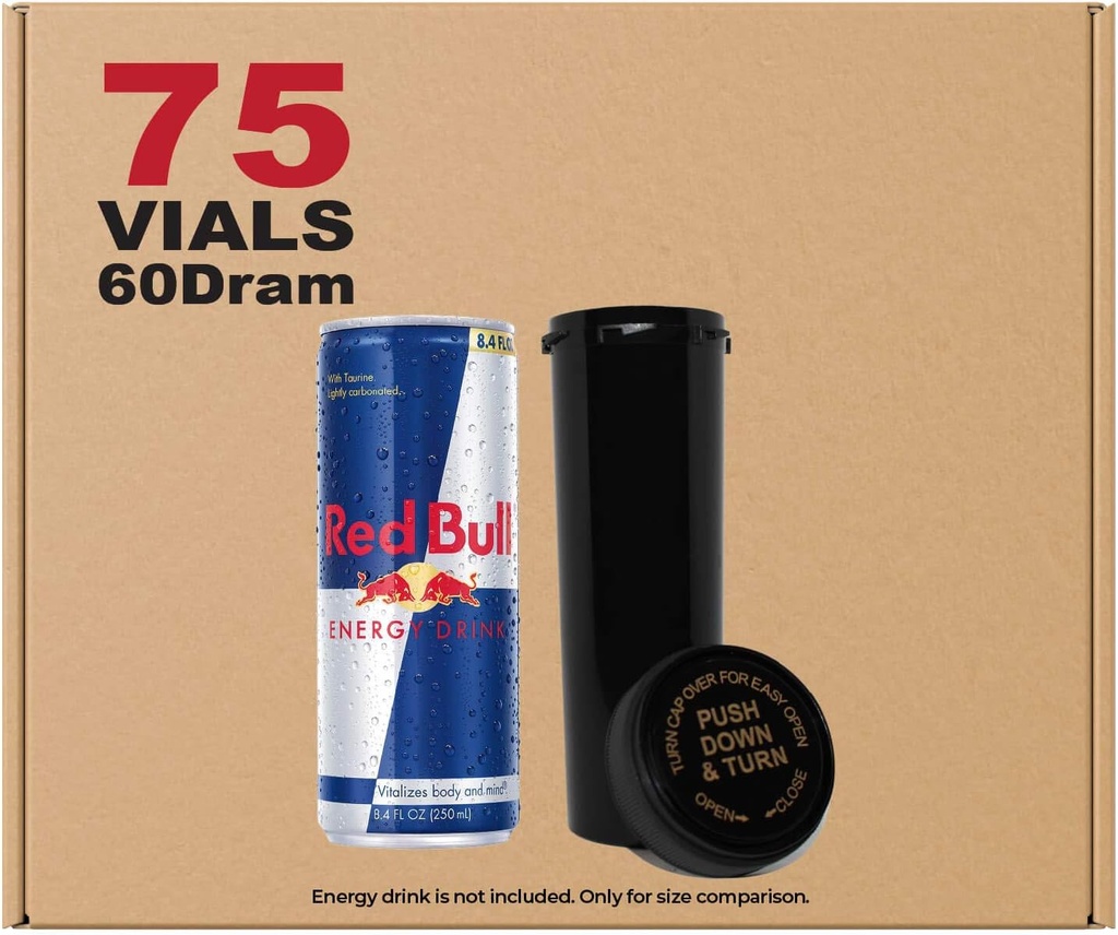 W Gallery 75 Black 60 Dram Reversible Cap - Airtight Koku Testi Vials - Pills Herbs Çiçekler Tamamları, Bulk Pack, Not Glass Jars