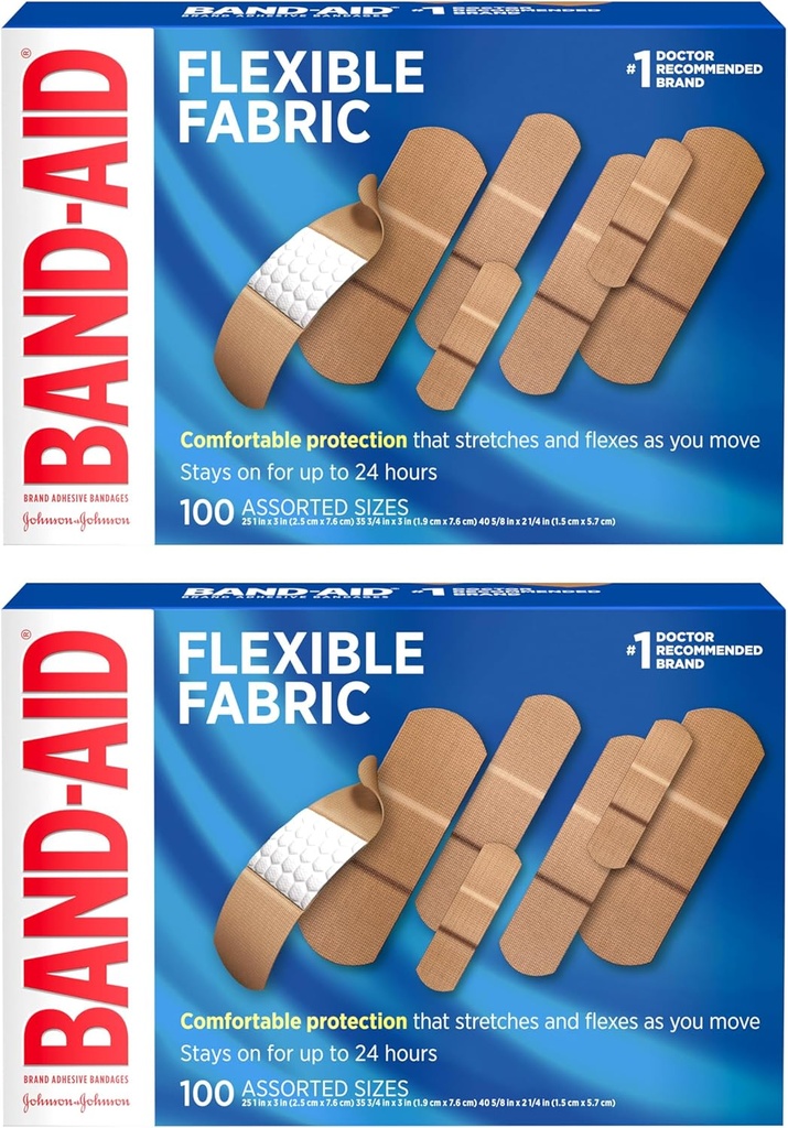 BAND-AID Μάρκα Ευέλικτη Ύφασμα Συγκολλητικές Επιδέσμους με Ύφασμα Μνήμης, Quilt-Aid Comfort Pad & Hurt-Free Pad; Περιποίηση τραύματος για μικρές περικοπές, σκραπς, & πληγές, διάφορα μεγέθη, 2 x 100 κόμης