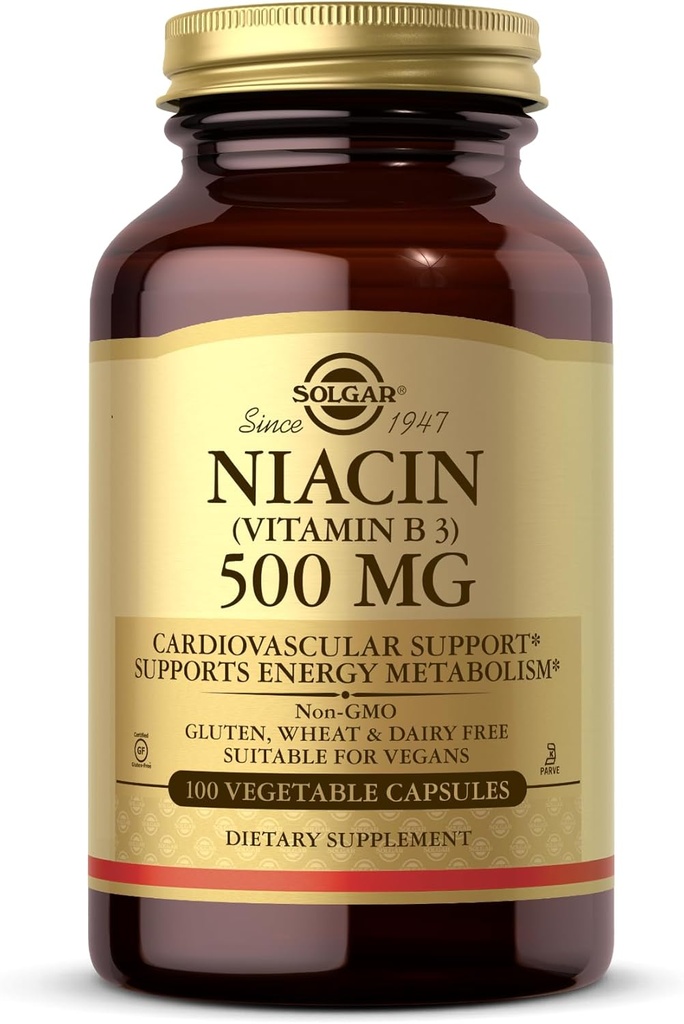 Solgar Niacin (Vitamin B3) 500 mg, 100 Sebze Kapsülleri - Enerji Metabolism - Non-GMO, Vegan, Gluten Free, Süt Free, Kosher - 100 Hizmet