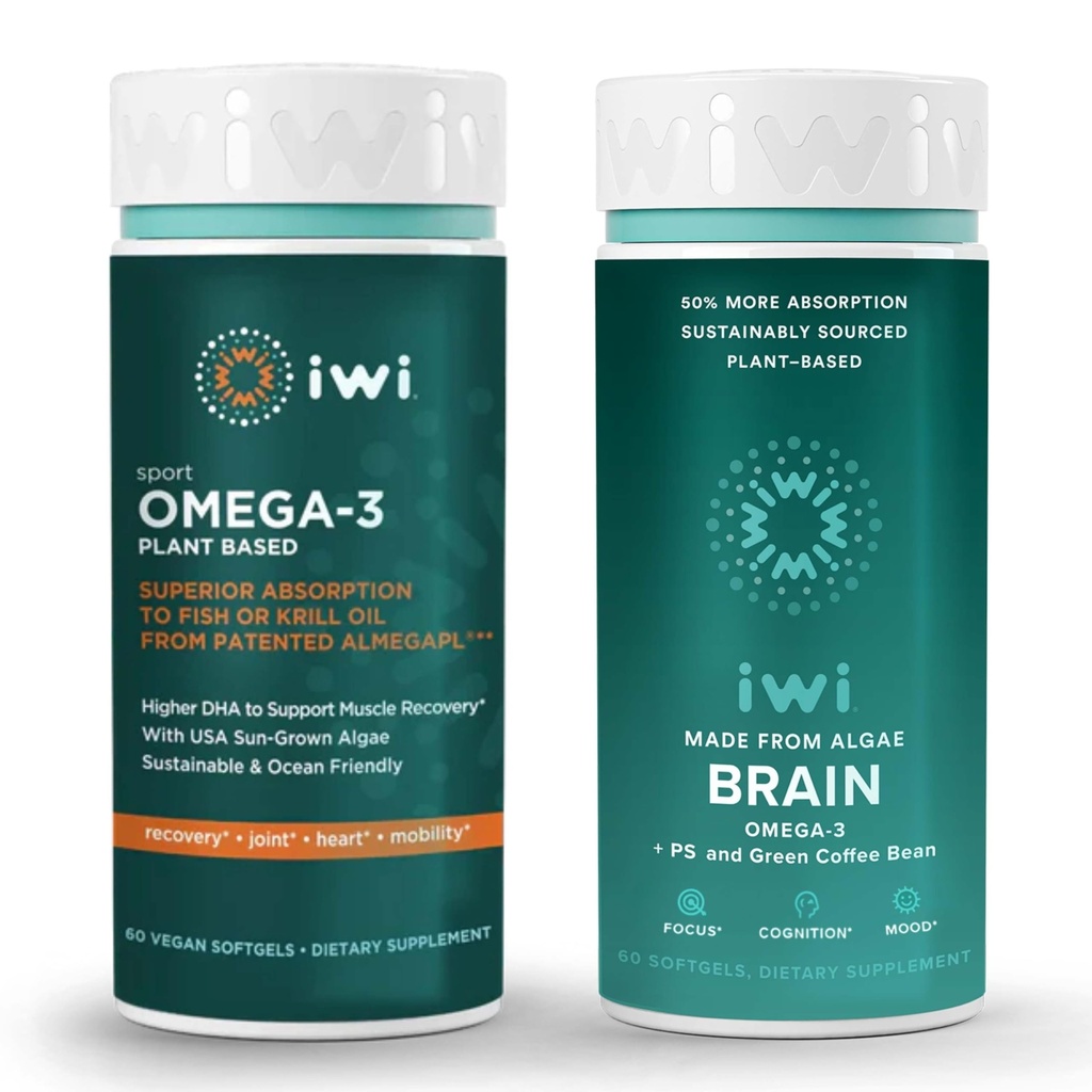 iwi Omega-3 Sport & Brain Omega-3 Bundle, 30 Servings, Vegan Plant-based Algae Omega 3 with EPA + DHA, Krill & Fish Oil Alternative, No Fishy Aftressage