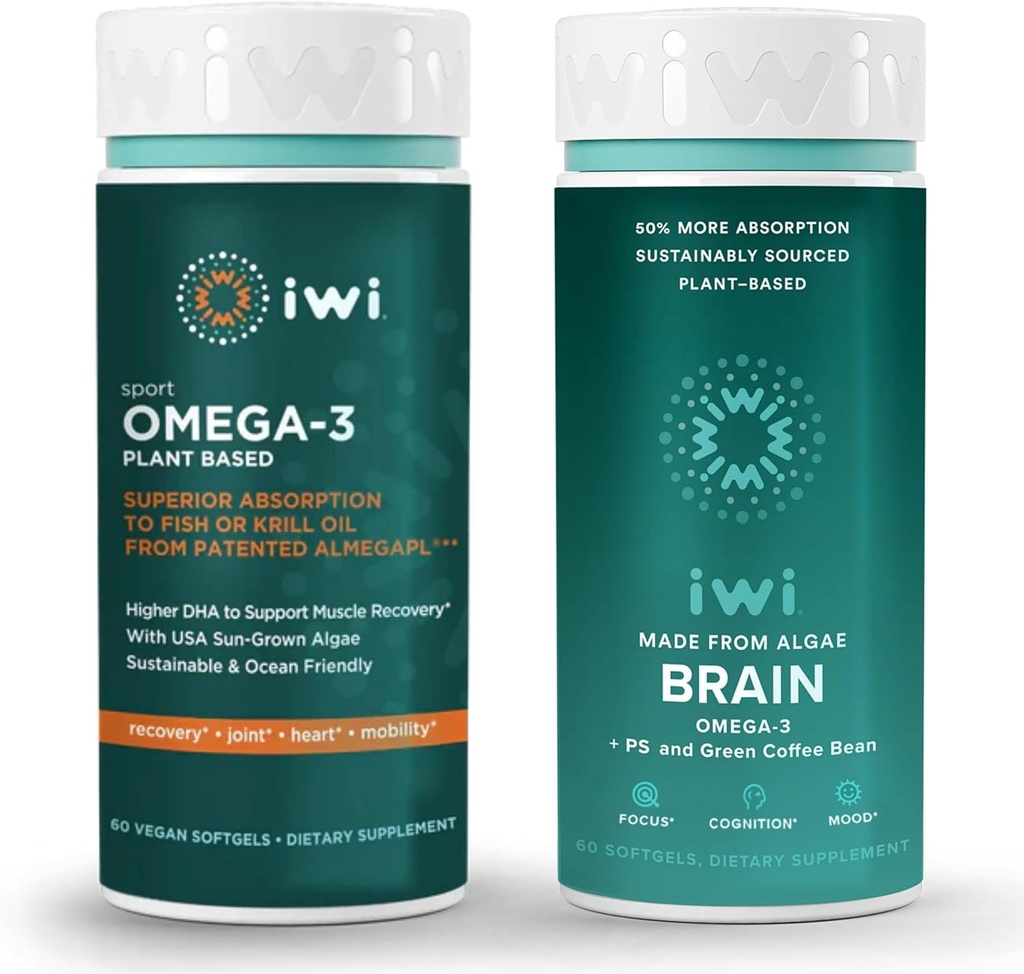 iwi Omega-3 Sport & Brain Omega-3 Sche, 30 Hizmet, Vegan Plant-Based Algae Omega 3 with EPA + DHA, Krill & Fish Oil Alternative, No Fishy Aftertaste