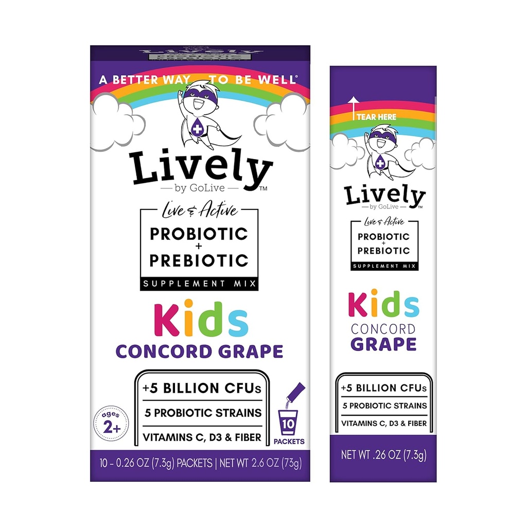 Ζωντανά (από Golive) KIDS CONCORD GRAPE Synbiotic (Probiotics+Prebiotics), 5 Clinical Strains, +5 δισεκατομμύρια CFUs. Probiotics & Prebiotics KIDS για Digestion, Μεταβολισμός, Ανοσία. (10 συσκευασίες)