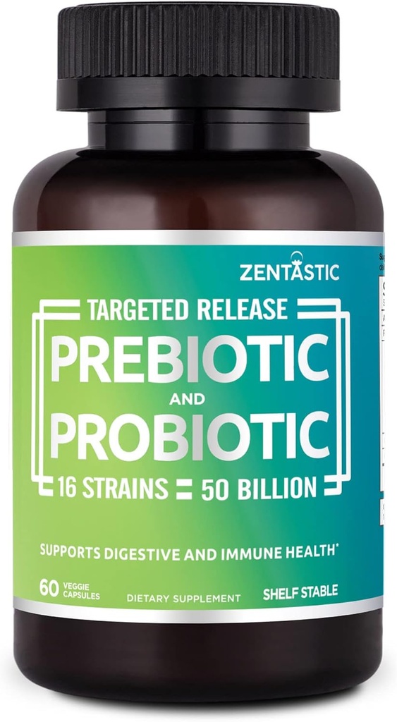 Zentastic Probiyotiks & Prebiyotiks Supplement - 50 Milyar CFU - Men & Women's Immune & Digestive Health - 16 Strains - Raf Stable - 60 Gecikme Veggie Capsules