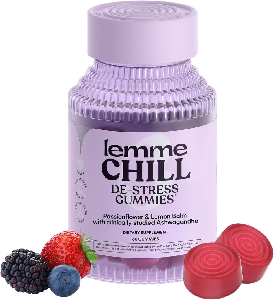 Lemme Chill Stress Relief Gummies με 300mg KSM-66 Ashwagandha, Lemon Balm, Passionflower & Goji για την υποστήριξη της χαλάρωσης, της υγιούς κορτιζόλης & του ύπνου - Χωρίς γλουτένη, Μη ΓΤΟ, Μικτό μούρο (60 κόμης)