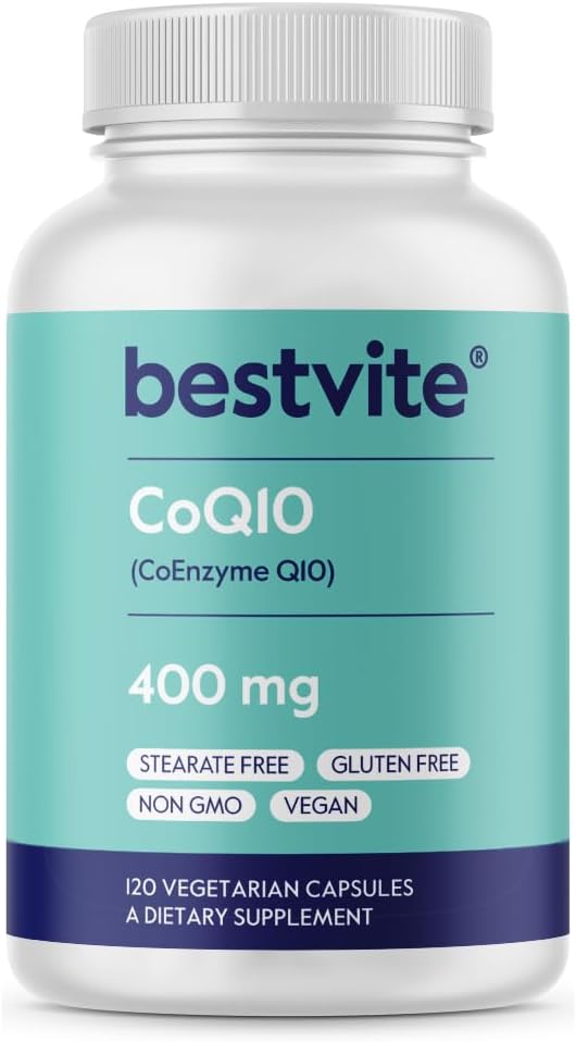 BESTVITE Coenzyme CoQ10 400 mg (120 Vejetaryen Capsules) Doğal Fermented - Stearates - Vegan - Gluten Free - Non GMO