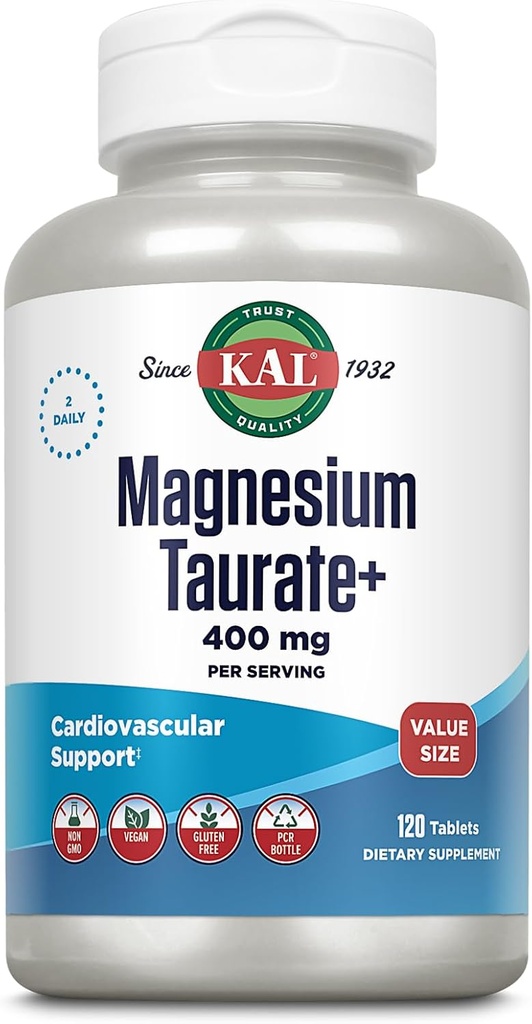 KAL Taurate 400 mg Plus B6, Chelated Magnezyum Supplement, High Abors Magnezyum Kompleksi, Kas ve Kalp Sağlığı Desteği, Vegan, Gluten Free, 60-Day Garanti, 60 Serv, 120 Tabs
