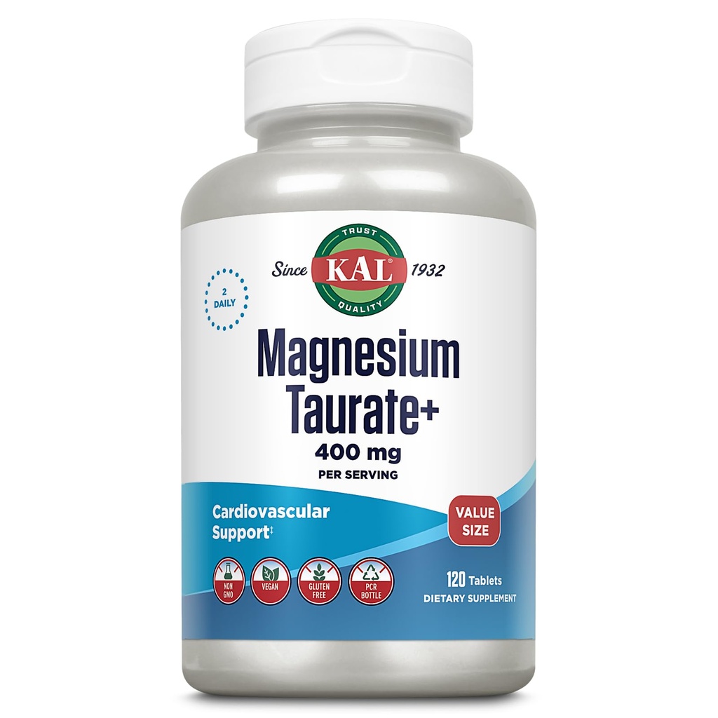 KAL Taurate 400 mg Plus B6, Chelated Magnezyum Supplement, High Abors Magnezyum Kompleksi, Kas ve Kalp Sağlığı Desteği, Vegan, Gluten Free, 60-Day Garanti, 60 Serv, 120 Tabs