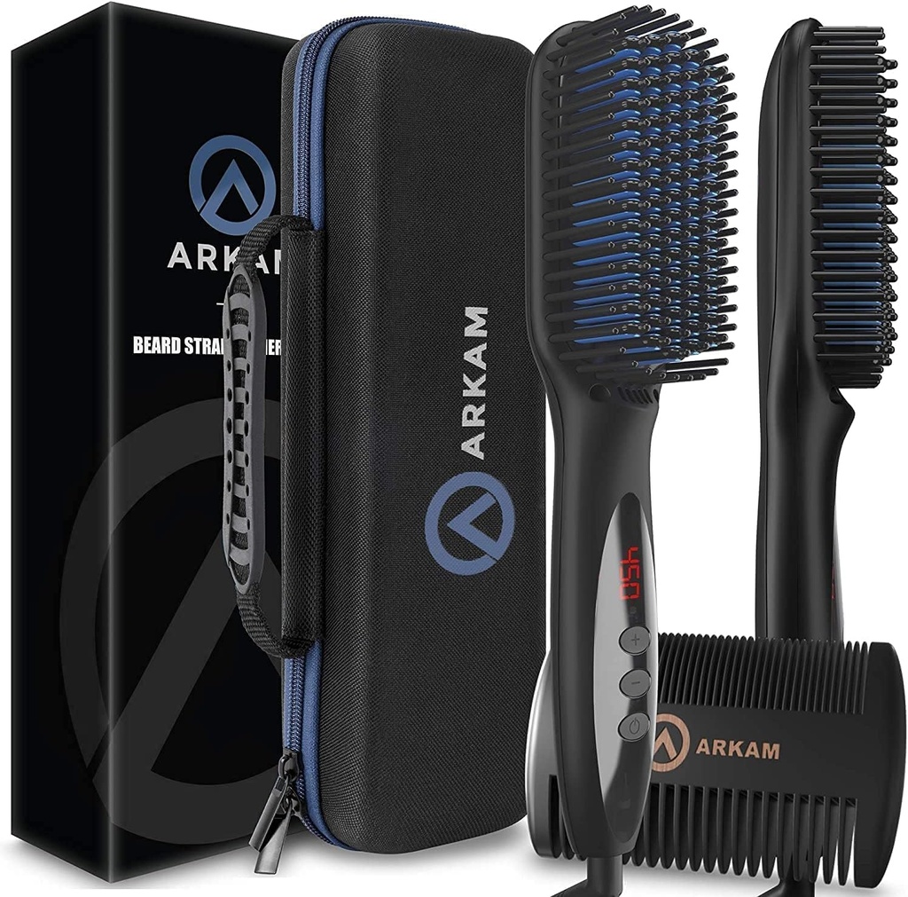 Arkam Beard Rightener for Men -install Heated Beard Brush Kit w/Anti-Scald Feature, Dual Action Hair Comb ve Hard Shell Travel Case for Medium to Long Beards - Kostüm ve Grooming Armağanları Erkekler için